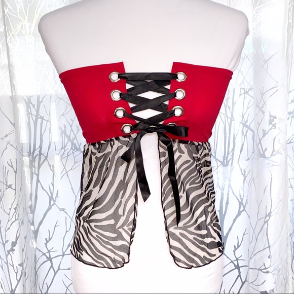 Folter Red black white zebra print sheer mesh lace up open front tube top shirt - Picture 1 of 4